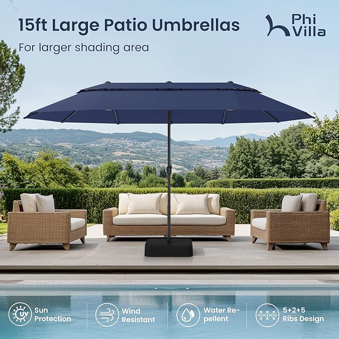 PHI VILLA 15ft Large Patio Umbrellas with Base Included, 2-Tier Outdoor Double-Sided Rectangle Market Umbrella with Stand, Outside Umbrellas for Poolside Lawn Backyard, Blue