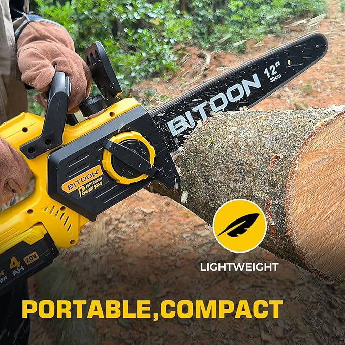 BITOON 12-Inch Chainsaw with 2PCS 4.0Ah Battery and Charger, Auto-Oiler, Brushless Cordless 12" Compact Chain Saw, Portable Electric Chainsaws for Cutting Wood, Branches Yellow