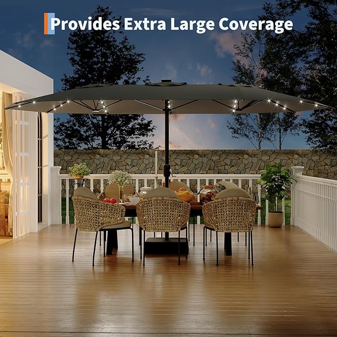 KYBOLT 15 Ft Large Patio Umbrella with Solar Lights, Outdoor Double-Sided Rectangle Umbrella with Base, Outdoor Umbrella for Backyard, Pool, Patio, Grey
