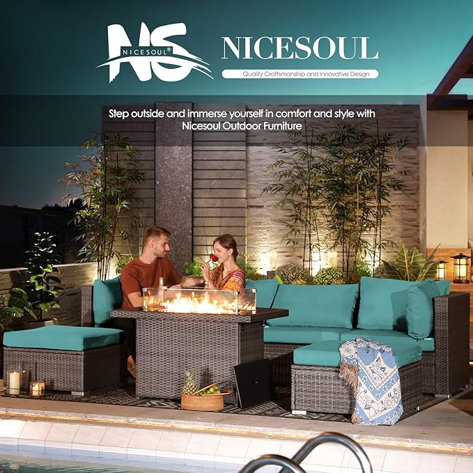 NICESOUL 13 Piece Outdoor Sectional Furniture with Firepit, Contemporary Back Yard Fireplace w/Seating Area, Plus Size 29.3'' High Back Patio Set, All-Weather Wicker Couch for Exterior, Gray & Teal