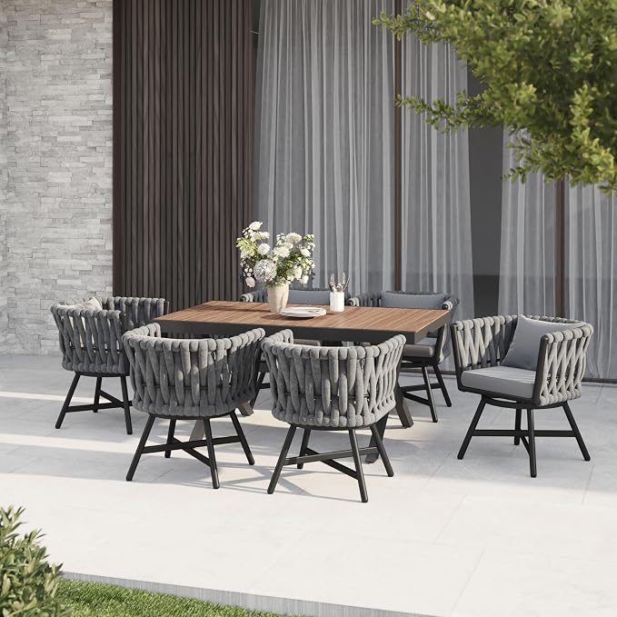 Grand patio 7-Piece Outdoor Dining Set for 6, Patio Dining Furniture Set for 6 Swivel Rope Wicker Chairs & 1 Extendable Rectangular Dining Table, Dark Grey