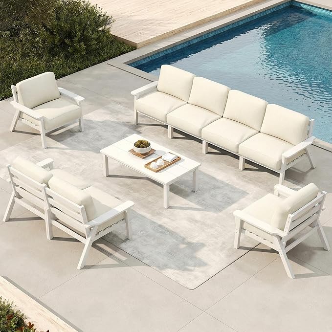 Patio Furniture Set 8 Seats, HDPE Outdoor Sectional with Beige Washable Thick Cushions, Coffee Table, Patio Conversation Sets for Lawn, Garden, Porch, Balcony, Deck (White Frame)