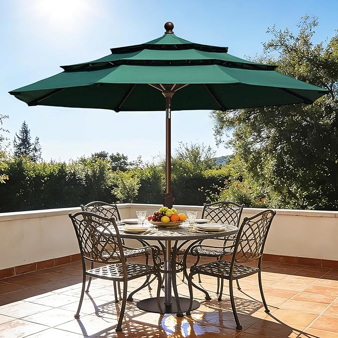 EliteShade USA 10-Year-Non-Fading 10ft 3-Tier Market Patio Umbrella, Commercial Grade Outdoor Table Umbrella with Crank Open, Windproof & UPF 50+ UV Protection, Heavy Duty Ventilation for Garden, Deck, Pool, Backyard, Beach & Bistro, Forest Green
