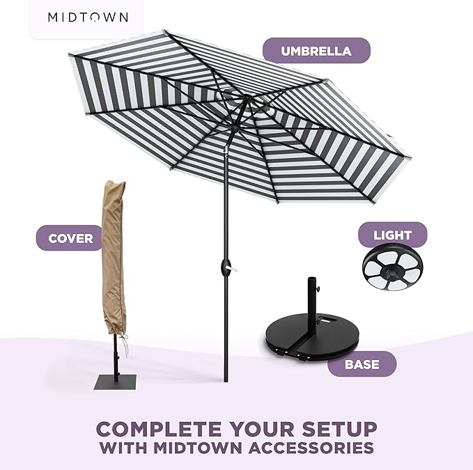 Midtown Umbrellas The Lean 8 Feet Outdoor Umbrella With Terylast Matter Stripes (Grey/White Stripes) Polyester Fabric - Auto-Tilt Aluminum Frame Patio Umbrella For Deck, Garden, Pool - Black Pole