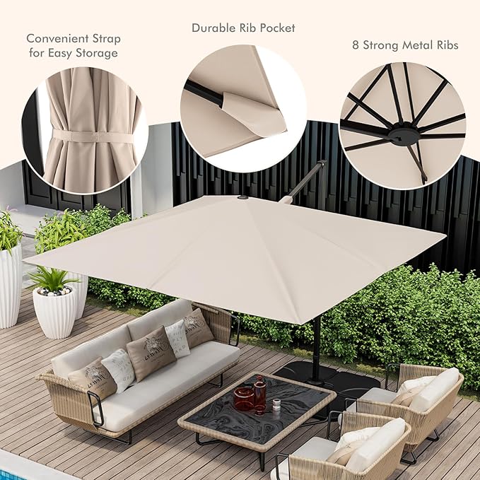 Tangkula 9.5 FT Cantilever Patio Umbrella, Outdoor Square Offset Umbrella with 360° Rotation, Heavy Duty Patio Hanging Umbrella with Cross Base for Garden Deck Pool Backyard (Beige)