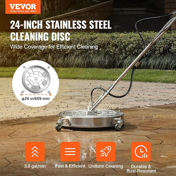 VEVOR 24" Pressure Washer Surface Cleaner w/Handles & Wheels, Stainless Steel Concrete Cleaner 4000 Max PSI, 3/8" Connector & 1/4" Adapter Power Washer Floor Attachment,for Floor Driveway, Patio