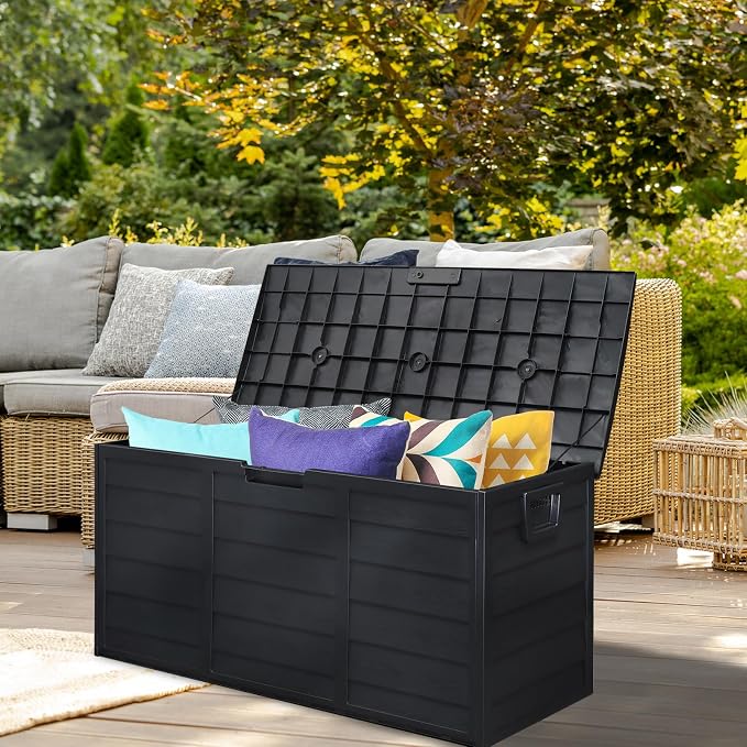 75 Gallon Outdoor Storage Deck Box-Organization and Outdoor box Storage for Patio Furniture Outdoor Cushions, Pillows, Garden Tools, 44""L x 21.3""W x 19""H Polypropylene Resin, Black