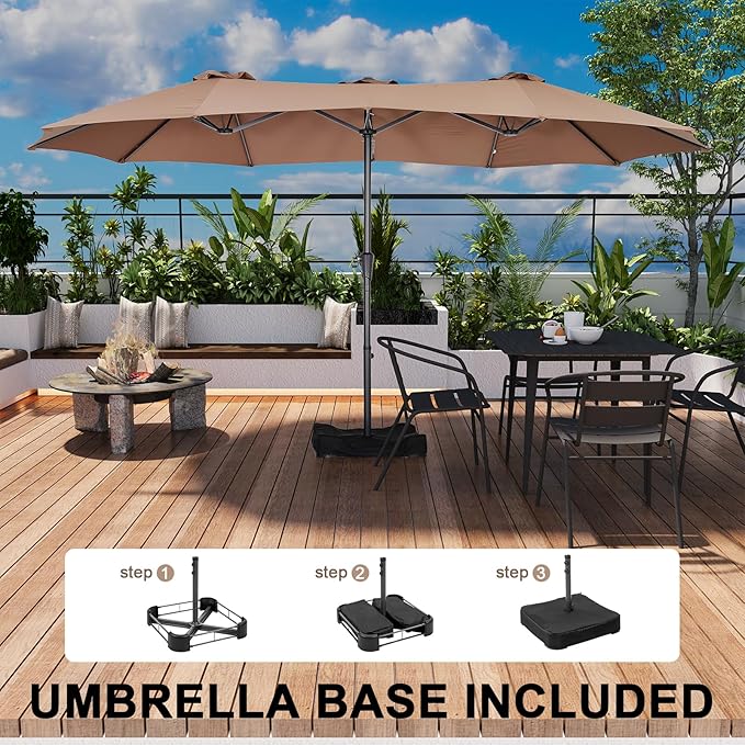 15 ft Patio Umbrella with Base, Large Rectangle Outdoor Umbrella with Matching Stand, Strap, Crank, Coffee