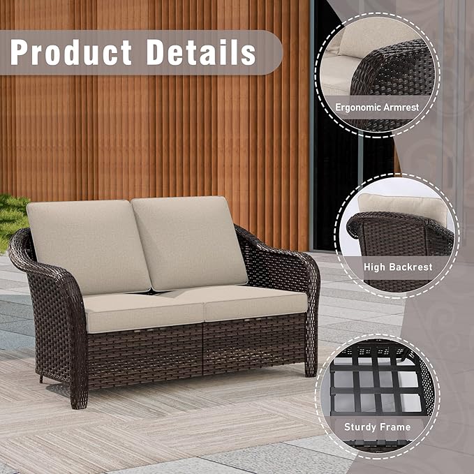 8 Piece Patio Wicker Conversation Set, All-Weather Use Outdoor Wicker Loveseat with 2 PE Rattan Ottomans,4 Swivel Chair, 1 Side Table, Ideal for Porch, Backyard, Balcony, Poolside, Beige