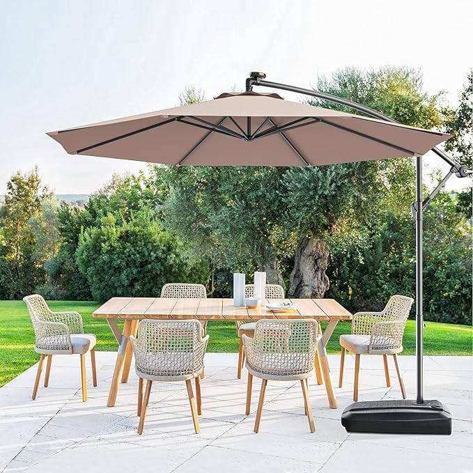 Giantex 10ft Offset Patio Umbrella with Cross Base, Tan, Polyester Fabric, 96% Sunlight Protection