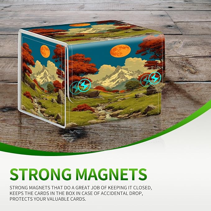Card Deck Box for MTG, Cards Storage Box Fits 120+ Sleeved, Leather Small Size Strong Magnetic Closing Card Case for Board Games Magic TCG CCG Baseball Collection, Snow Mountain Moon Brook