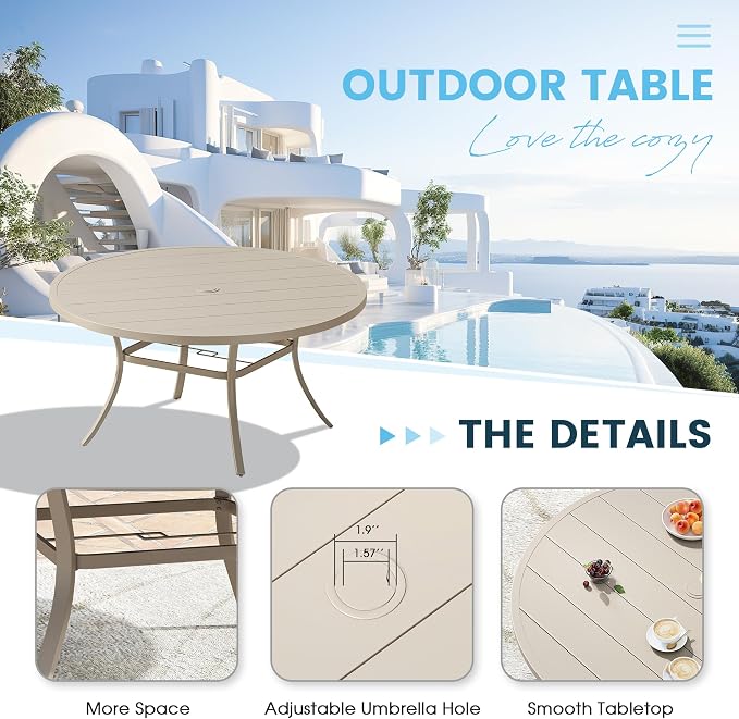 9 Pieces Outdoor Patio Dining Table Set, 60" All Weather Round Metal Table with Umbrella Hole and 8 High Back Textilene Swivel Chairs for Garden, Lawn, Poolside, Sandshell