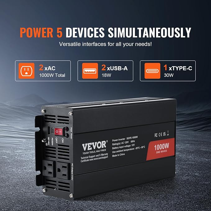 VEVOR 1000W Pure Sine Wave Inverter, DC 12V to AC 120V Power Inverter with 2 AC Outlets 1 USB Port 1 Type-C Port, Remote Control for Small Home Devices Like Smartphone Laptop, CE FCC Certified