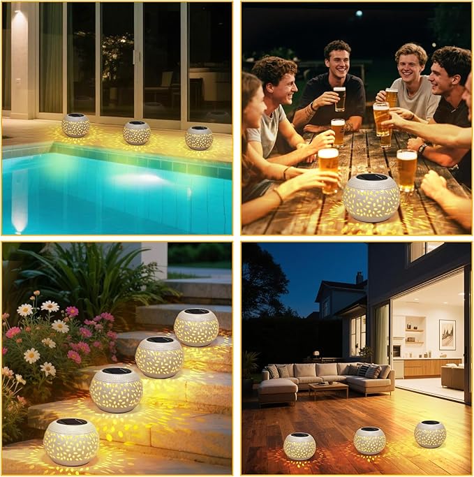 Solar Table Light Waterproof Outdoor & Indoor Lantern - White Metal Retro Hollowed-Out Flickering Flame Tabletop Lights for Desk/Bedroom/Patio/Garden, Solar Powered Lamp Pathway Yard Garden Decor