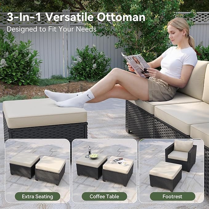 Aoxun 7 Piece Patio Furniture Set with Fire Pit Table, 10 Seats Outdoor Furniture Set with Wicker Ottomans, Rattan Outdoor Sectional Sofa with Thickened Cushion & Waterproof Cover Beige