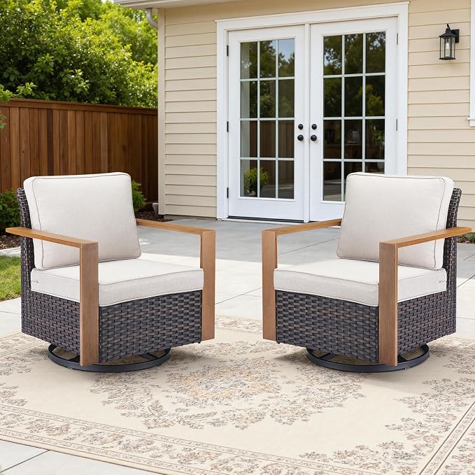 2PCS Outdoor Swivel Patio Chairs Set, All-Weather Wicker Swivel Rocker Chairs with High Back and Deep Seat, Patio Seating for Porch, Deck, Backyard and Poolside Beige