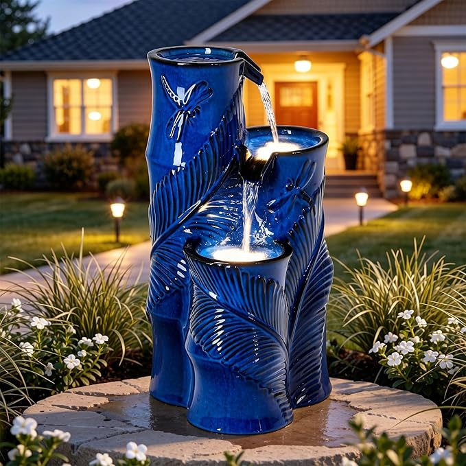 Ceramic Outdoor Water Fountain with LED Lights, 25.5" H 3-Tier Bamboo-Style Cascading Waterfall, Tropical Leaf & Dragonfly Textured Water Feature for Garden Patio Yard Relaxation Oasis