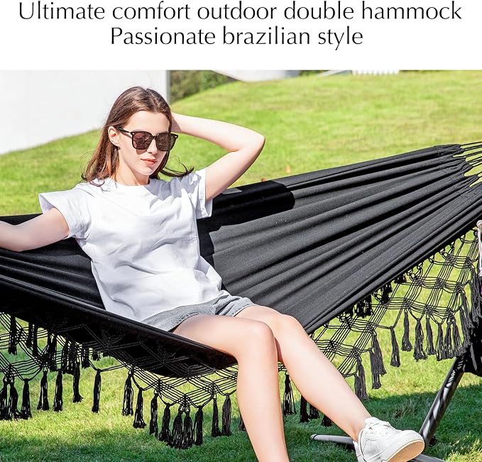PNAEUT Handmade Tassel Hammocks, Double Hammock with Stand for Outside Indoor Outdoor, Max 450 lbs Capacity, Pillow & Storage Bag Included (Black)