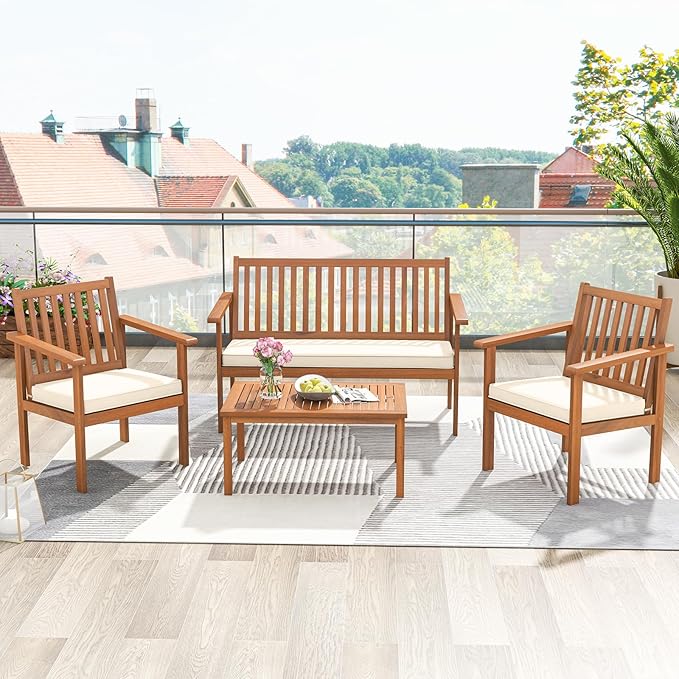 Tangkula 4 Piece Patio Wood Furniture Set, Acacia Wood Sofa Set w/Loveseat, 2 Chairs & Coffee Table, Soft Seat Cushions, Outdoor Wood Furniture Set for Porch, Yard, Balcony (Off White), OneSize