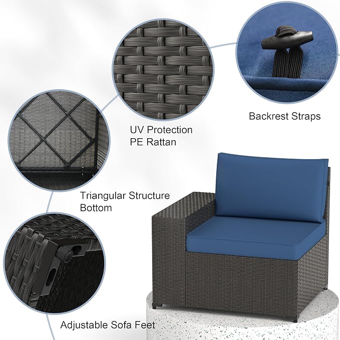 Patio Furniture Set, 6PCS Patio Sectional with Ottoman Wicker Rattan Outdoor Furniture with Thickened Cushion Modular Wicker Patio Conversation Set with Glass Top Table for Balcony, Backyard(Blue)