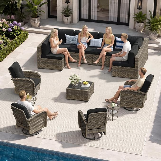 Aoxun 13 Piece Outdoor Patio Furniture Set with Coffee Table, Wicker Rattan Outdoor Furniture with High Back Swivel Rocker Chairs, Outdoor Conversation Set with Thick Cushion & Side Table, Black