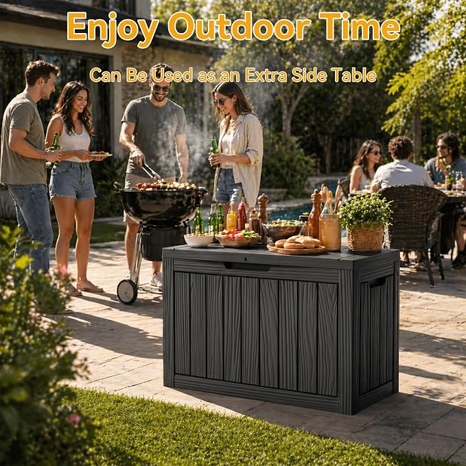 50 Gallon Deck Box for Outdoor and Indoor Use, Outdoor Storage Box for Picnic Supplies, Gardening Tools Waterproof, Lockable and Easy to Install Black