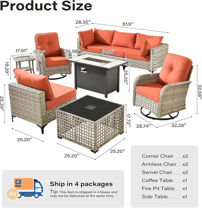 9 Pieces Outdoor Sectional Patio Furniture Set with 42" Fire Pit, Conversation Sets Rattan Wicker L Shaped Couch Swivel Rocking Chairs for Porch Balcony Backyard, Coarse Stripes Red