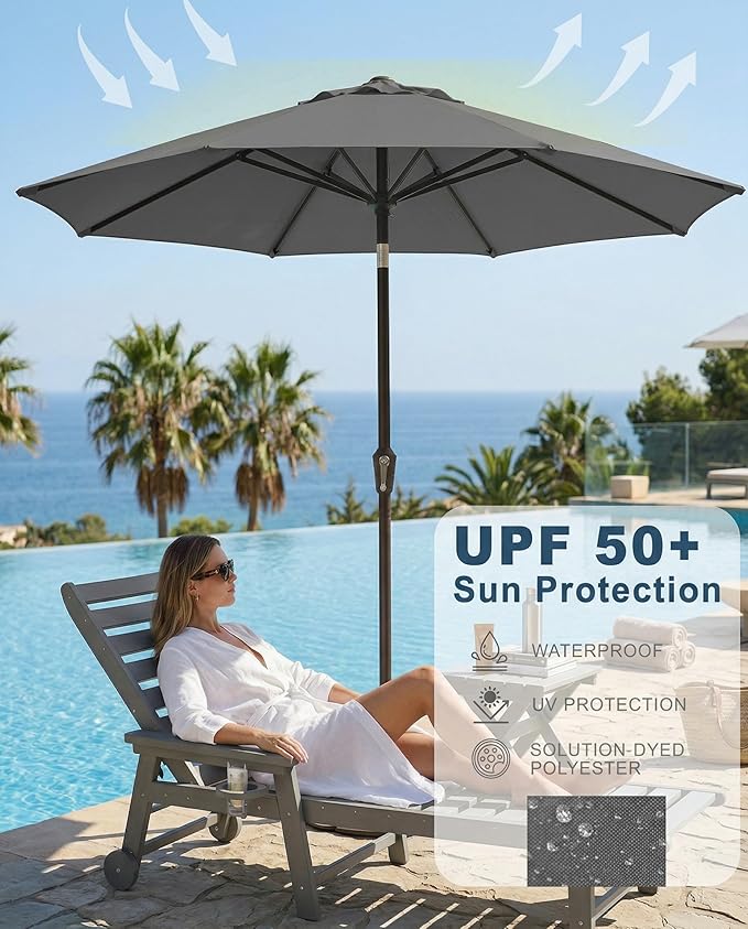 PatioKingdom Auto-Tilt 9FT Patio Umbrella Outdoor with 8 Sturdy Fiberglass Ribs,Market Table Umbrella for Pool,Backyard,Deck and Garden