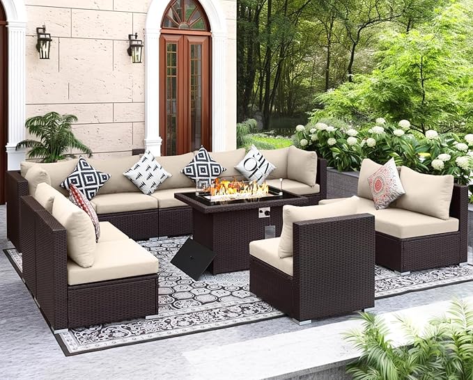 NICESOUL 11 Piece Outdoor Furniture Set with Natural Gas/Propane Firepit, Luxury 10-Seater Patio Sectional, 29.3'' High-Back Backyard Seating, All-Weather Rattan Couch Set for Deck, Brown & Beige