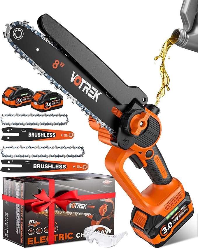VOTREK® 6-Inch & 8-Inch Mini Chainsaw Cordless, 2 x 3.0Ah Batteries, Electric Chain Saw with 2 Chains, 2 Bars, Brushless Motor, Auto Oiler, Tool-Free Tensioner for Tree Trimming and Yard Cleanup
