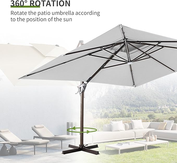 JZAC & QZYD 9x12 FT Outdoor Cantilever Patio Umbrella with LED Lights, Large Heavy Duty 2-Tier Aluminum Offset Umbrellas with 360-Degree Rotation for Pool Deck, FogGrey