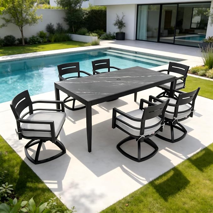 7PC Aluminum Outdoor Patio Dining Set, 71”Rectangular Black Marble Dining Table with Sintered Stone Top and 6 Cushioned Swivel Rockers, All-Weather Patio Furniture