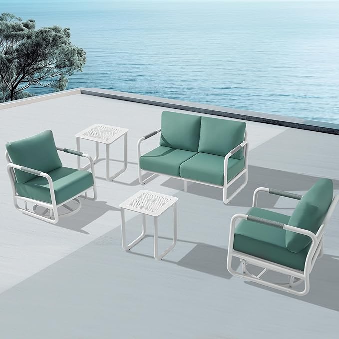 MBY Outdoor Aluminum Patio Furniture Set, 4-Seats Patio Conversation Sofa Set with 2 Coffee Tables and 2 Swivel Rocking Chairs, All Weather for Balcony, Garden-White