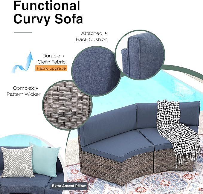 SUNSITT Outdoor 7-Piece Half-Moon Sectional Furniture Set with Round Coffee Table, Patio Curved Sofa Set, Denim Blue Cushion and Grey Wicker, Incl. Waterproof Cover