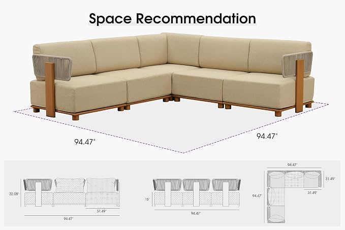 PURPLE LEAF Patio Furniture Set Modular L-Shaped Outdoor Sectional Sofa with 11" Thick Olefin Cushion 5-Piece Outdoor Conversation Set w/White Lights for Patio Backyard Garden Poolside, Beige