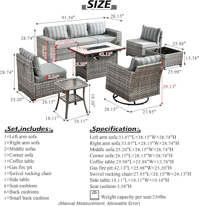 HOOOWOOO Outdoor Patio Sectional Furniture Sofa Set with Large Fire Pit Table,9 Piece Modern Wicker Couch with Swivel Chair,Modular Conversation Seating Set with Widened Armrest(Grey Strips)