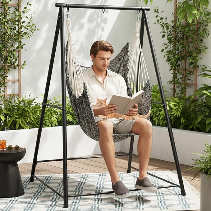 Hammock Chair Stand with Swing Chair, Heavy Duty Freestanding Hanging Chairs with Stand, Outdoor Hammocks Bed for Outside Backyard, Camping, Garden, Yard, Patio, 660 lbs Weight Capacity (Black)