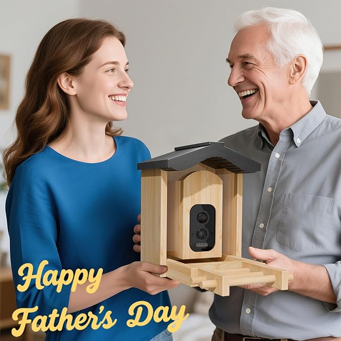 VISIOGEAR Bird Feeder with Camera, Smart Bird Feeder for Outdoors, Wild Birds Feeders with Solar Panel Bamboo Birds House Camera for Birdlovers, AI Auto Capture Birds & Real-time Notification (Gable)