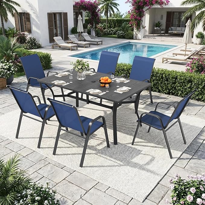 Outdoor Dining Set for 6, 7pcs Patio Table and Chairs Set with Adjustable Umbrella Hole,Heavy Duty 63”x37.8” Metal Dining Table and Stackable Patio Chair for Yard, Garden, Porch