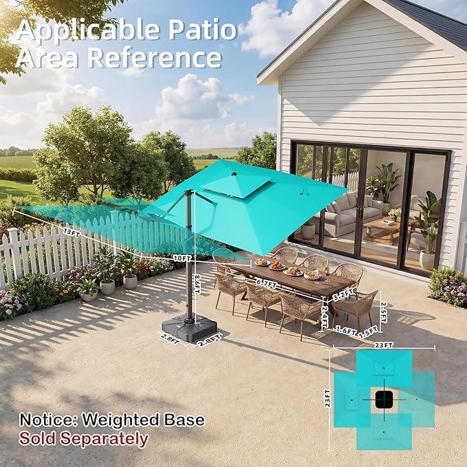 Deconk 10' X 13' Patio Umbrella with LED Lights Outdoor Cantilever Large Rectangle Offset Umbrellas Heavy Duty Aluminum Double Top with 360-degree Rotation for Pool Garden Deck, Turquoise