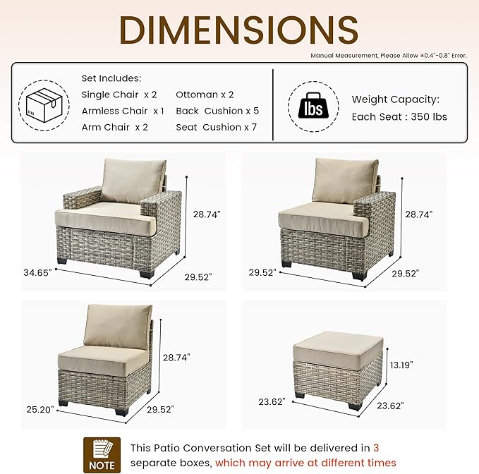Patio Furniture Sets 7 Pieces Outdoor Sectional Rattan Sofa Manual Weaving Wicker Patio Conversation Set with Ottomans and T Cushion(Beige)