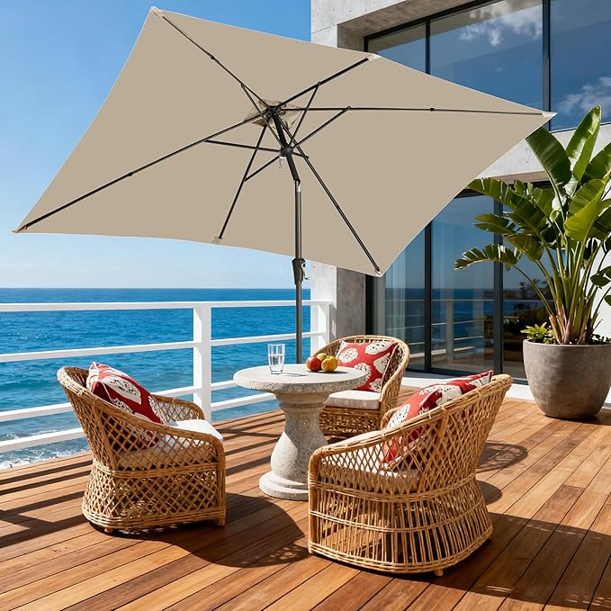 6.5x10FT Rectangular Patio Umbrella with Push Button Tilt & Crank Lift for Garden,UV Protection Outdoor Umbrella for Deck,Pool and Yard,Beige