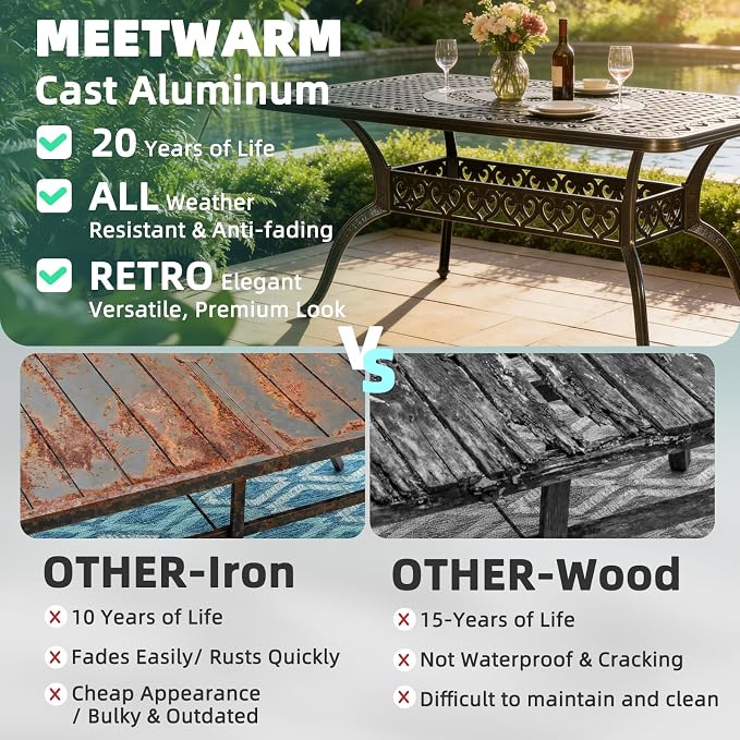 MEETWARM Outdoor 60" Rectangular Patio Dining Table, All Weather Cast Aluminum Large Patio Furniture Table Fits for 6-8 Person with 2" Umbrella Hole, Dark Bronze