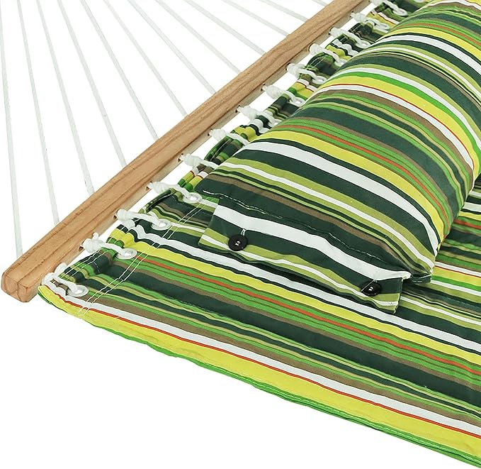 Sunnydaze Quilted Double Hammock with Stand for Outside - 350-Pound Capacity 2-Person Hammock with Stand - 12-Foot Stand - Melon Stripe