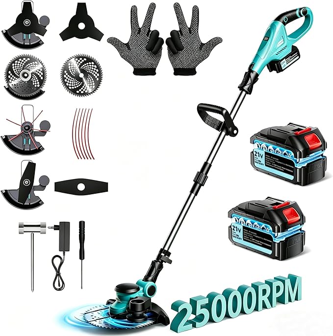 25000 RPM Electric Weed Wacker, 8000mAh Battery, 12″ Brushless Cordless 4-in-1 Brush Cutter/Weed Eater/String Trimmer/Grass Trimmer, Electric String Trimmer 2 Batteries and Charger
