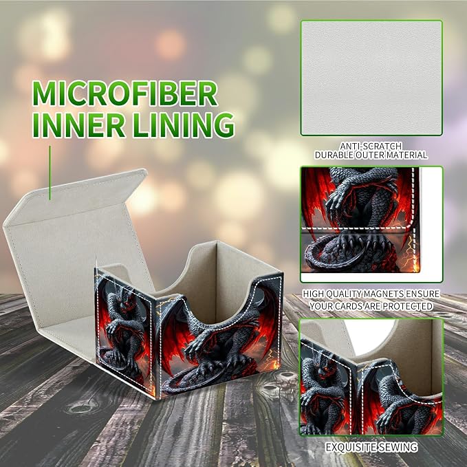 Card Deck Box for MTG, Cards Storage Box Fits 120+ Sleeved, Leather Small Size Strong Magnetic Closing Card Case for Board Games Magic TCG CCG Baseball Collection, Red-Winged Dragon