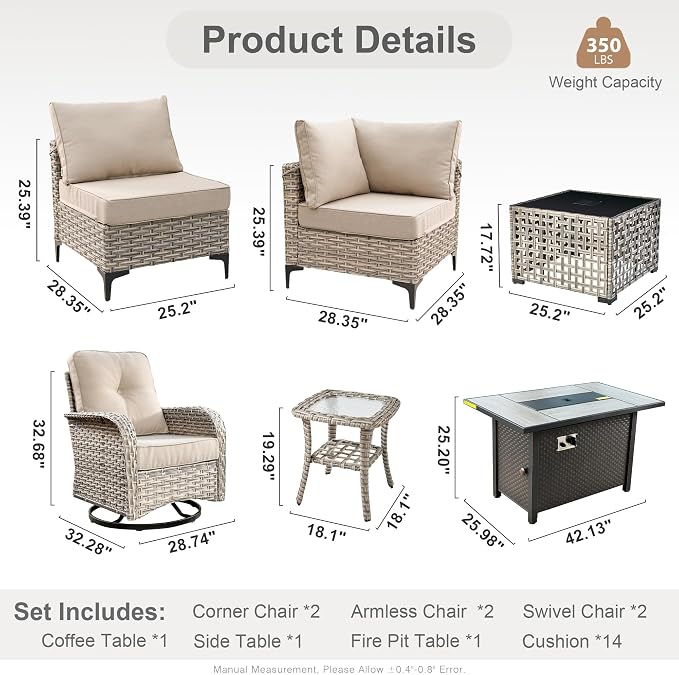 Outdoor Sectional Patio Furniture Set with Fire Pit Table,9 Pieces Rattan Wicker Conversation Sets L Shaped Couch,Outside Furniture with Swivel Chairs Glowing Coffee Table,Beige