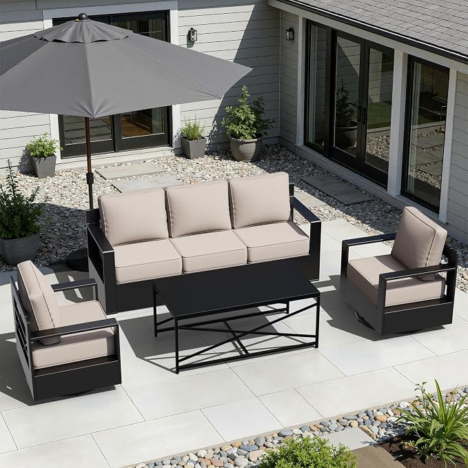 Outdoor Aluminum Furniture Set, 4-Piece Patio Conversation Set, 2 Swivel Chairs, 1 Sofa and 1 Table, All-Weather Metal Frame, 6" Thick Removable Cushions, Deep Setting for Garden, Poolside and Porch