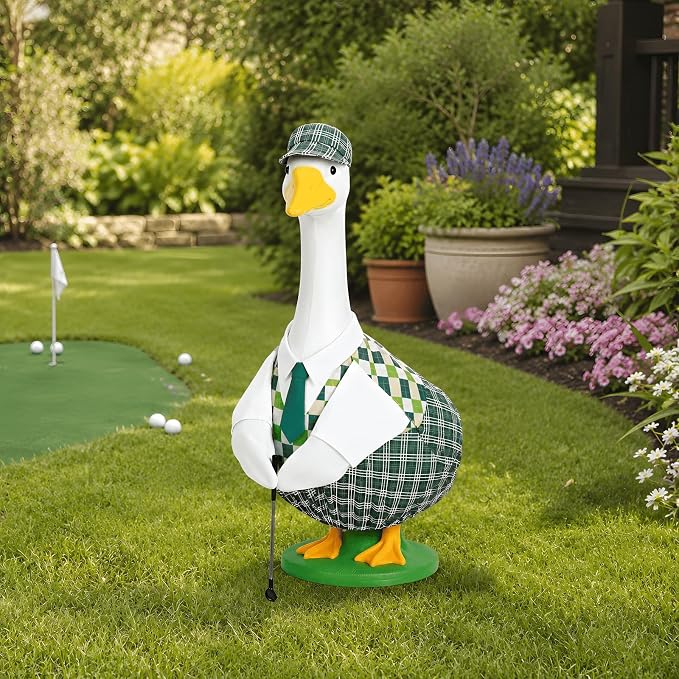 Golfer Goose Outfit for 23 Inch Porch Goose Statue Golf Clothes with Hat Tie Shirt and Club for Garden Yard Patio Decor