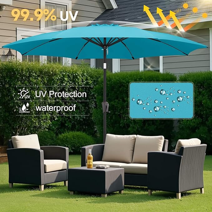 FLAME&SHADE 10ft Patio Umbrella - Outdoor Umbrella with Push Button Tilt and Crank for UV Protection, Table Market Umbrella for Garden, Deck, Backyard, Pool and Beach(Aqua Blue)